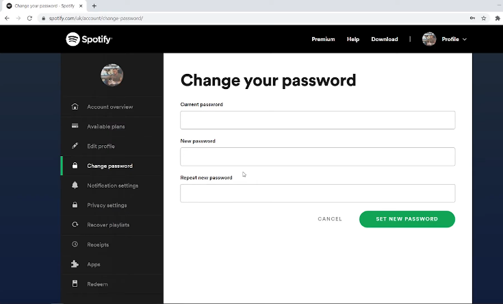 Set a new password by entering your current password